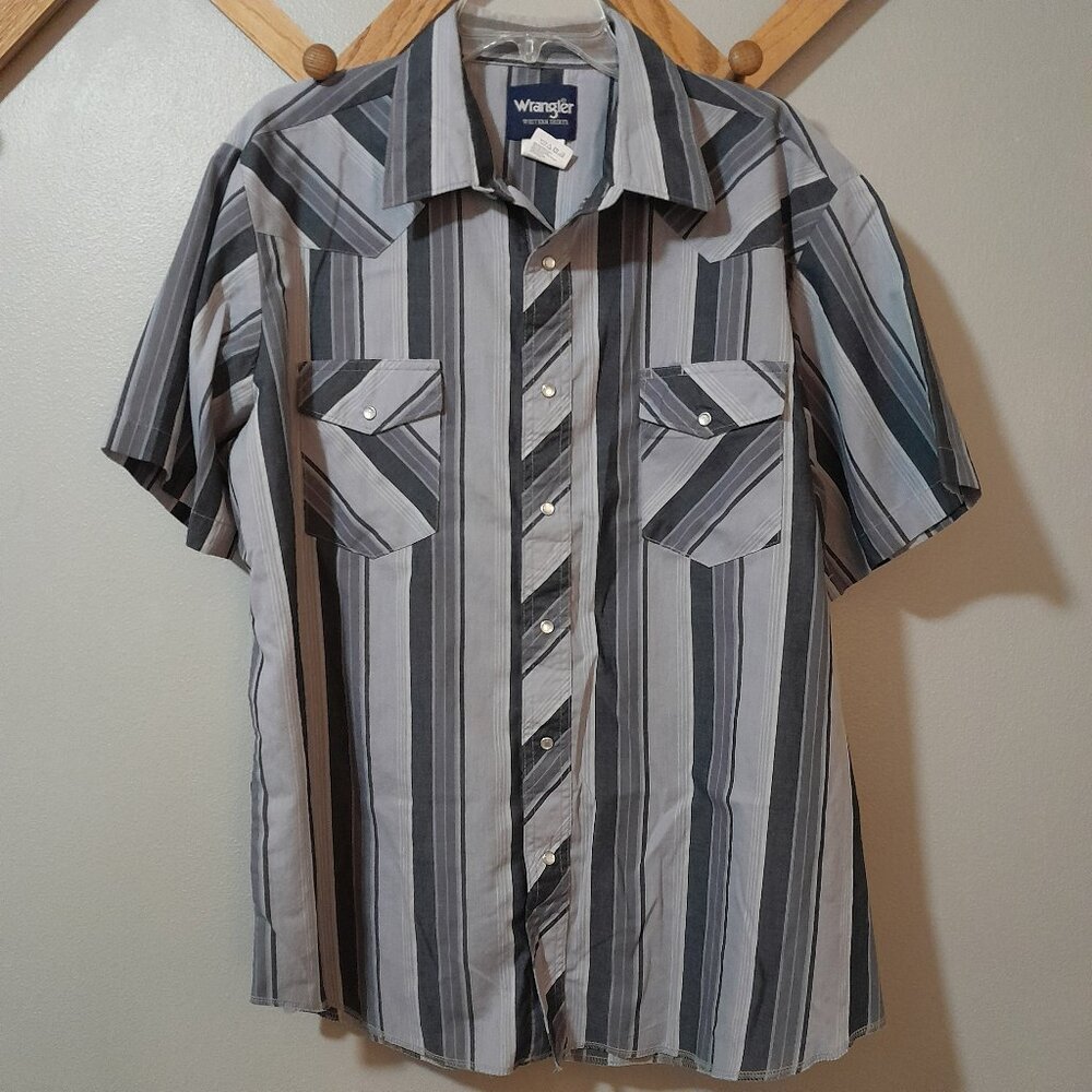 Wranglers Western Shirt Short Sleeve Pearl Snaps Button Down Gray Stripes XL